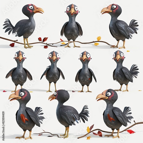 Little Guinea Fowl Bird Cute character multiple posses and expression children's book illustration style