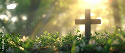 A serene wooden cross in lush greenery with sunlight streaming through the trees, evoking peace, faith, and spirituality.