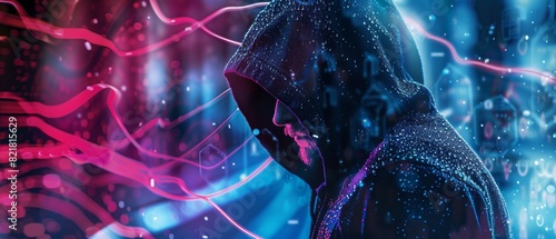 A mysterious hooded figure surrounded by vibrant neon lights in a futuristic, digital landscape, symbolizing cybersecurity and hacking.