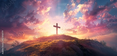 A cross stands atop a hill under a vivid sunset sky with glowing clouds, symbolizing faith, hope, and peace.