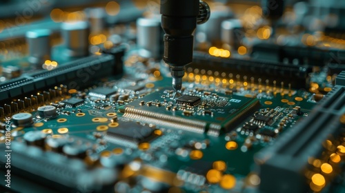 Macro shot of an electronic factory machine at work: robot arm assembling printed circuit boards, placing microchips on the motherboard with place technology
