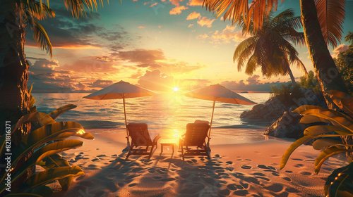 Amazing sunset beach. Romantic couple chairs umbrella palm leaves sun rays Tranquil togetherness love wellbeing relax beautiful landscape design. Getaway tropical island coast idyllic sea sand sky