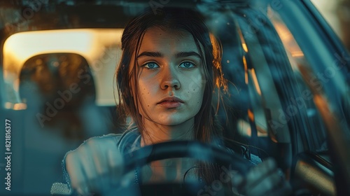 Photograph of a scared and beautiful young woman driving a car in a suburban area. The photo was taken from her front windshield.