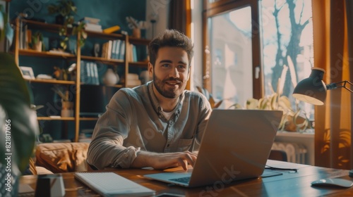 A handsome smiling character sits at a wooden desk at his home working on his laptop. The gentleman browses the internet while working on a notebook from his living room.