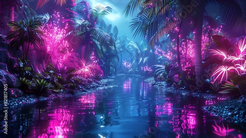 Futuristic 3D jungle with glowing flora and fauna, front view, Neon nature, cybernetic tone, Monochromatic Color Scheme