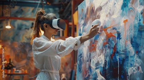 Sculptor or painter using motion controllers to create concept art. She wears a virtual reality headset, holds joysticks, and works on a painting or sculpture.