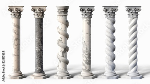 Set of antique stone columns isolated on white background. Classic Roman or Greek stone columns with twisted and groove ornaments for facade design.
