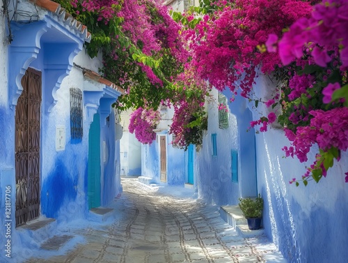 A vibrant cobblestone alley with bright pink bougainvillea against blue-washed walls