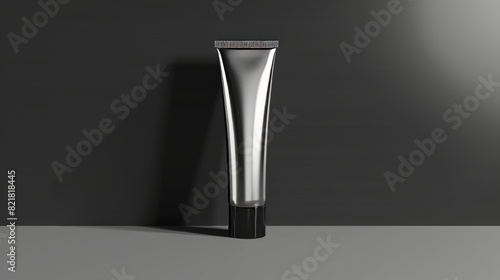 An aluminum or silver colored packaging with a blank label and a black cap, mockup of a metal tube for hand cream or paints.
