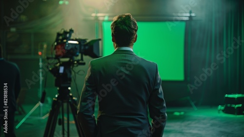 Director reviewing display and comparing it to storyboard while shooting high-budget movie. Green screen scene with actor wearing motion caption suit. Studio set professional crew shooting