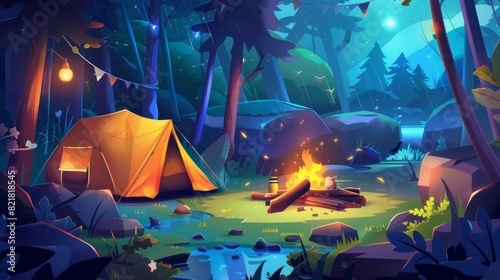 Campfire and tent in the forest during summer