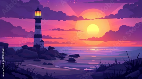 Beautiful sunset seascape with a lighthouse behind it. The beacon building sits on an ocean shore under a cloudy sky at dusk. Layers separated for 2D game animation. cartoon modern illustration.