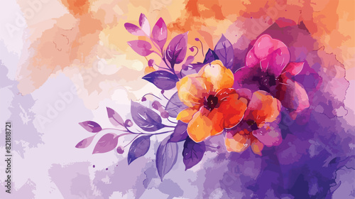 Violet Orange Purple Watercolor Floral Bouquet. Vector
