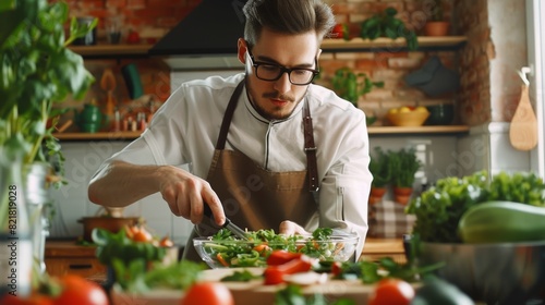 This is a visual representation of a young hipster guy in glasses preparing a vegetable salad in a sunny bright kitchen surrounded by a table full of healthy green vegetables. The man wears an apron