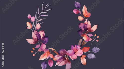 Violet Orange Purple Watercolor Floral Wreath. Vector