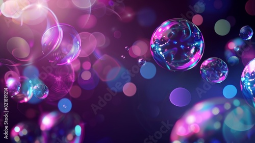 An abstract background with transparent soap bubbles. Horizontal poster with flying shiny air bubbles and neon light reflections on black background, modern illustration.