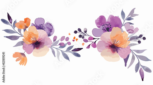 Violet Orange Watercolor Floral Frame Isolated on white