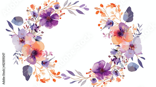 Violet Orange Watercolor Floral Oval Wreath. Vector style