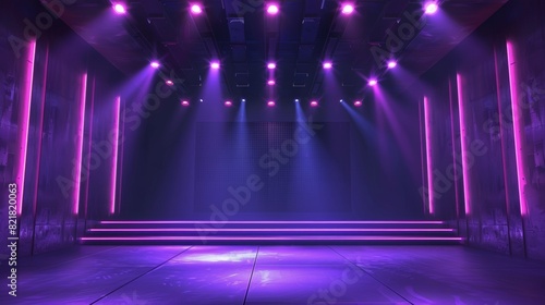 Animated neon room with light stage. Dark abstract studio with screen night scene. Empty television room for a dance party or concert. Purple showroom interior for casino game design.