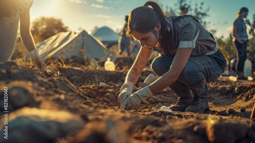 Located on an archaeological dig site, a famous female archaeologist enters a field camp for the purpose of analyzing ancient culture artifacts. A historian team works on the excavation site.