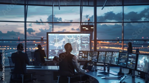 Various Air Traffic Control Teams working in a Modern Airport Tower. Nav screens and air plane flight radar data can be seen in the office room.