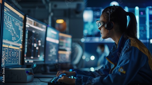 Using computer, female engineer analyzes satellite and calculates orbital trajectory tracking. Aerospace Agency International Space Mission: Scientists are constructing spacecraft. On her shoulder.