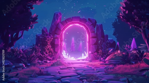 Fantastic door with a magic portal for a game. Cartoon modern illustration set of wizard gates with glowing vortex holes for a parallel world or time travel. Modern doorway with energy teleportation.