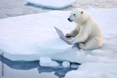 A polar bear is sitting on a laptop in the middle of a frozen lake