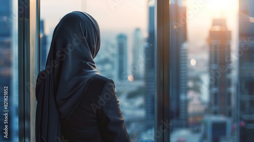 An accomplished Muslim businesswoman wearing a turban and burka gazes out of the window at the big city while planning investments for her e-commerce startup. Confident woman digital entrepreneur