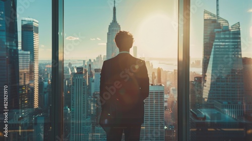 A successful salesman in a tailored suit stands in his modern office looking out at a big city filled with skyscrapers. A successful finance manager plans a new project strategy.