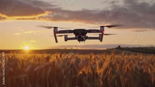 A moving drone spraying pesticides, fertilizers or water on a cultivated field at sunrise.