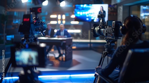 A mock-up television studio features two professional presenters discussing topics such as news, politics, science, celebrity, entertainment, and a cable channel host interviewing guests.