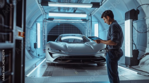 Engineers from an Engineering Research Agency perform aerodynamic tests with a modern eco-friendly electric sports car in a wind tunnel. The director of development works on a tablet to change the