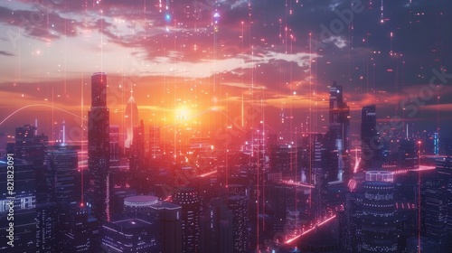 Digitally generated urban megapolis at sunset with rendered skyscrapers showing global big data connections, information flow, and artificial intelligence technology.