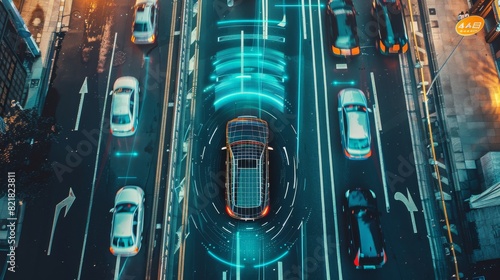 Autonomous Self Driving Car Passing Other Vehicles As It Moves Through City. Scanning Visualization Future Concept: AI Analyzes and Digitalizes Road Ahead.
