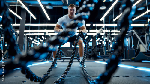 A man is exercising in the gym, doing battle rope training with black ropes, surrounded by modern equipment and bright lighting, dressed in athletic shorts and a white shirt.