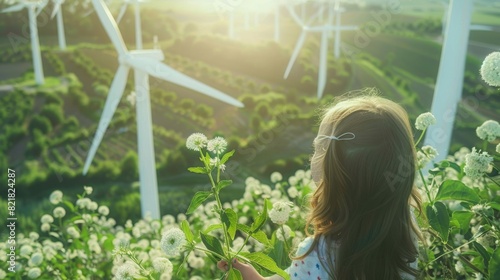 A child imagines a world where everyone has access to clean, sustainable, green energy. On a sunny day, she draws beautiful wind turbines that resemble flowers.