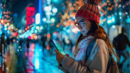 The pic shows a woman using a smartphone in the evening on a city street. An infographic shows economic data, statistics, e-commerce, finance, and the stock market.
