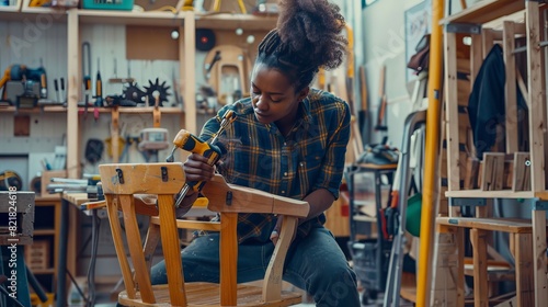 An artisan furniture designer enters a workshop, assembling a wooden chair with an electric screwdriver. Black multi-ethnic carpenter working in a studio.