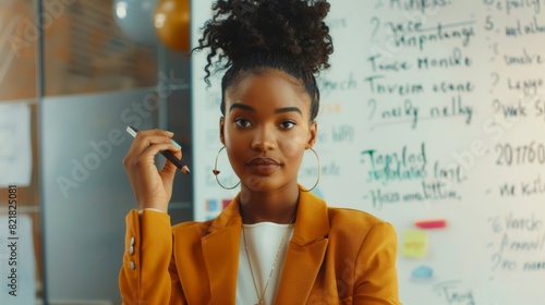 Beautiful Black Woman in Smart Casual Clothes Giving a Presentation in a Meeting Room. Female Manager Answers Questions and Writes on White Board.