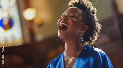 This image is of a cheerful African American woman dressed in a blue robe, singing passionately gospel songs. This black female gospel singer is proud to be spreading love and peace messages in her
