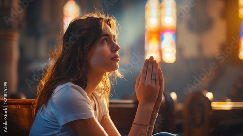 During her prayer, a young Christian woman sits piously as she seeks guidance from faith and spirituality while folded hands.