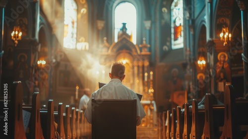 The minister guides his congregation in prayer, reads from the Holy Book, The Bible, the Gospel of Jesus. The priest's portrait gives hope to the faithful people. Dramatic cinematography.
