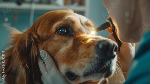 The eyes of a pet golden retriever are examined by a veterinarian using an otoscope and a flashlight. The dog's owner has brought his furry friend to a modern veterinary clinic for a check-up