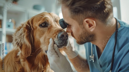 Golden Retriever owner brings his furry friend to a modern veterinary clinic to have his pet checked out with an otoscope and a flashlight.