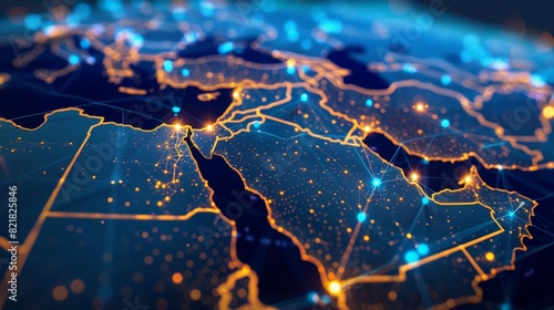 Featuring an abstract map of Saudi Arabia, Middle East, and North Africa, this concept explores global connectivity. Highlighting data transfer and cyber technology, it underscores 