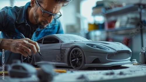 This is a portrait of an automotive artist working on his latest concept car creation. He is sculpting a 3D model of a sport coupe out of industrial plasticine clay.