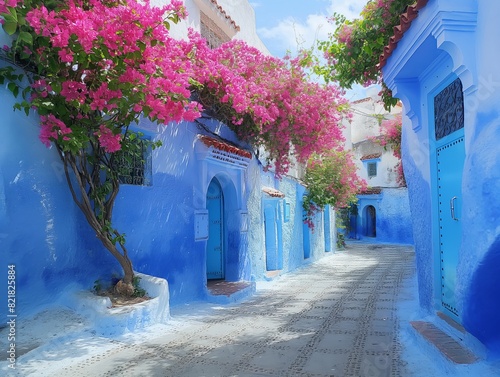 Vibrant pink bougainvillea flowers against blue-washed walls in a charming alley