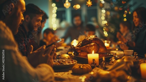 The Christians are thankful to God for providing a delicious turkey roast on Christmas Day. Families and friends are praying and holding hands. The food is blessed before dinner.