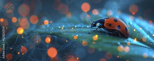 Close-up of a ladybug on a dewy leaf, with vibrant bokeh lights in the background, creating a magical and enchanting atmosphere.